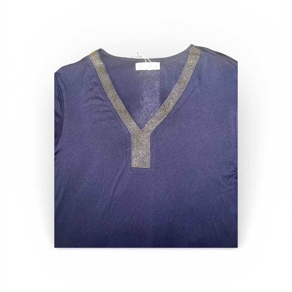 Chic Navy Short Sleeve V-Neck Top - Picture 3 of 4